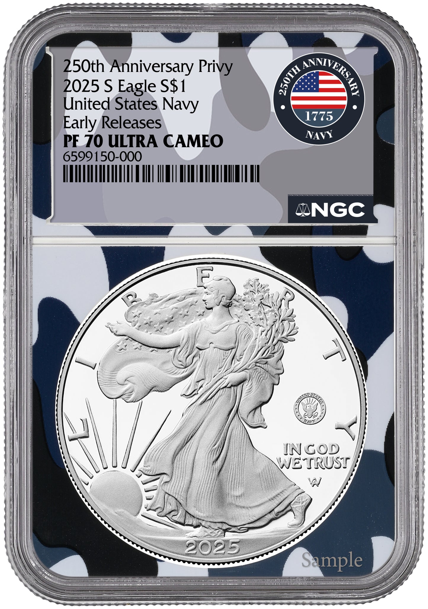 2025-S 1 oz American Silver Eagle w/ Navy Privy Camo Core NGC PR70
