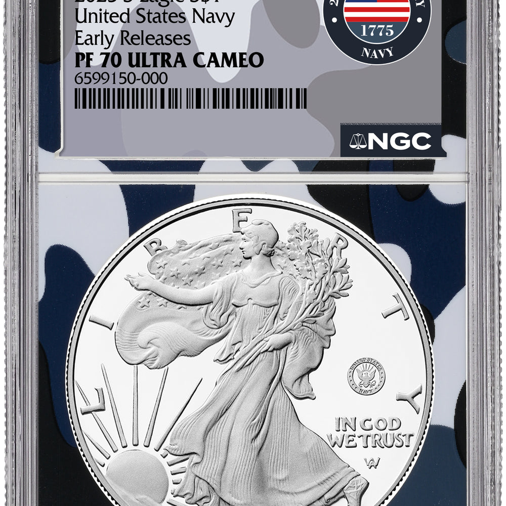 2025-S 1 oz American Silver Eagle w/ Navy Privy Camo Core NGC PR70