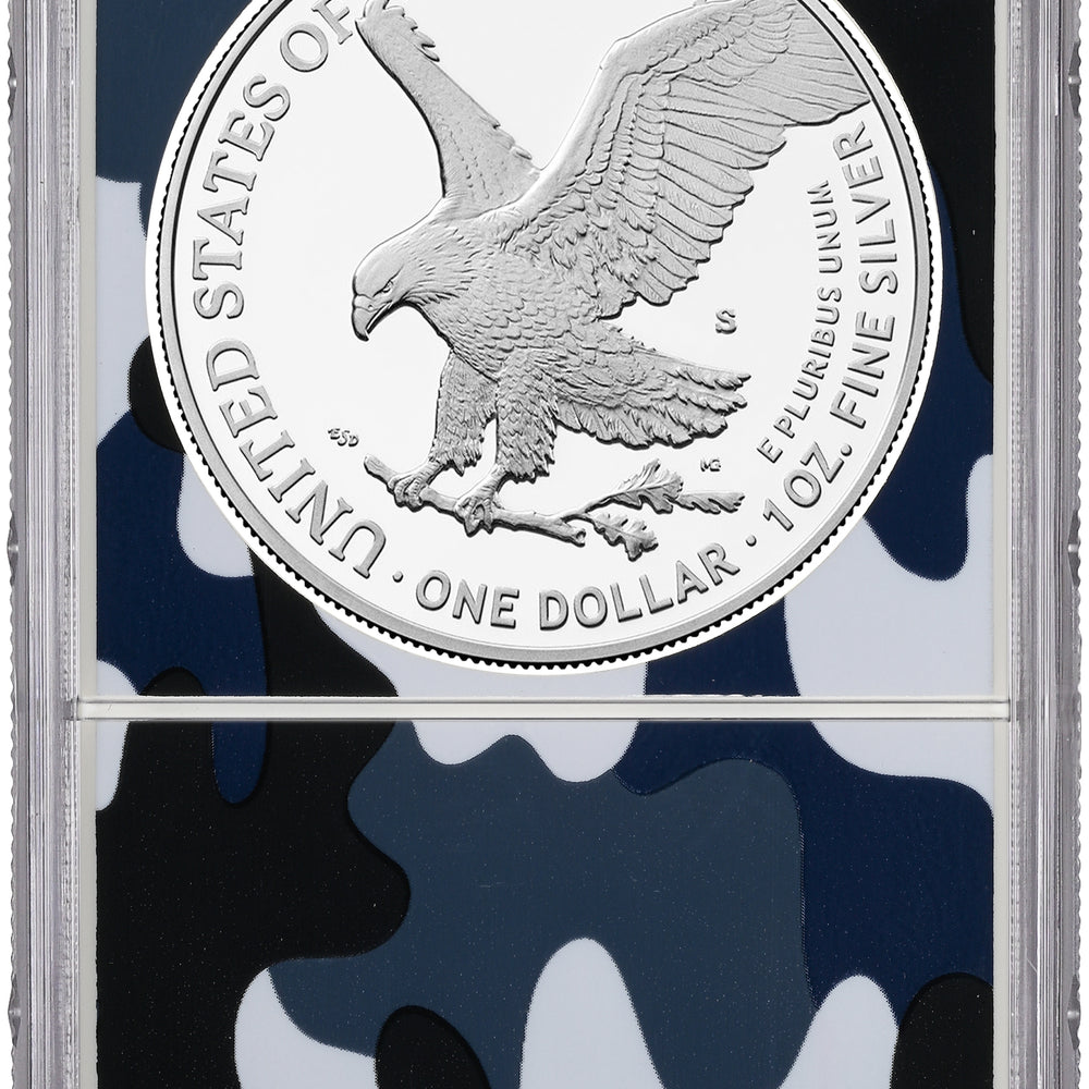 2025-S 1 oz American Silver Eagle w/ Navy Privy Camo Core NGC PR70