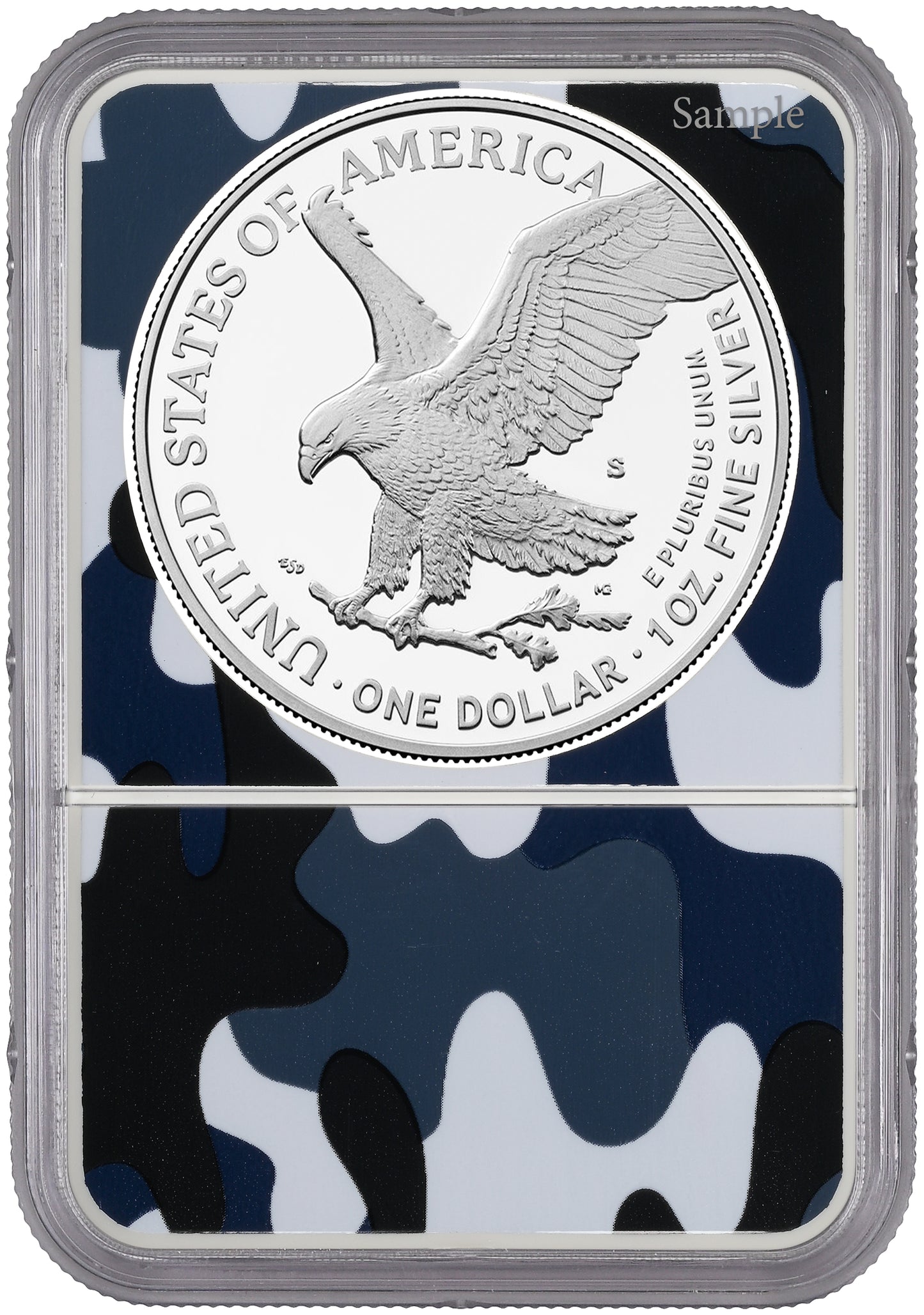 2025-S 1 oz American Silver Eagle w/ Navy Privy Camo Core NGC PR70