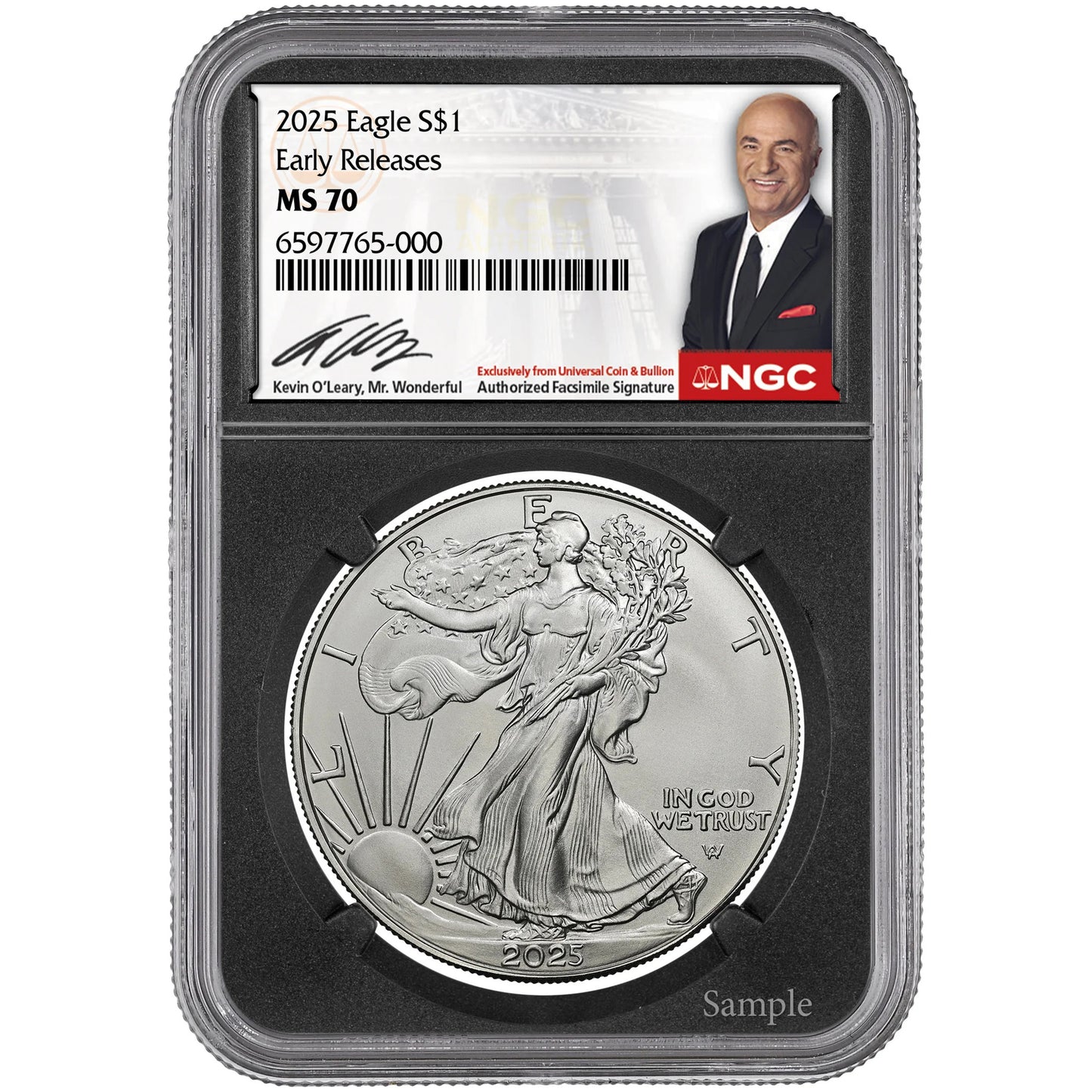 2025 Kevin O'Leary 1 oz Silver Eagle NGC MS70 Facsimile Signature Label